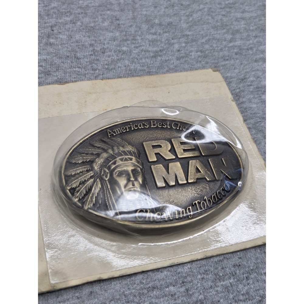 Vintage Red Man Chewing Tobacco Solid Brass Belt Buckle NWT Advertising Mens - Picture 2 of 5